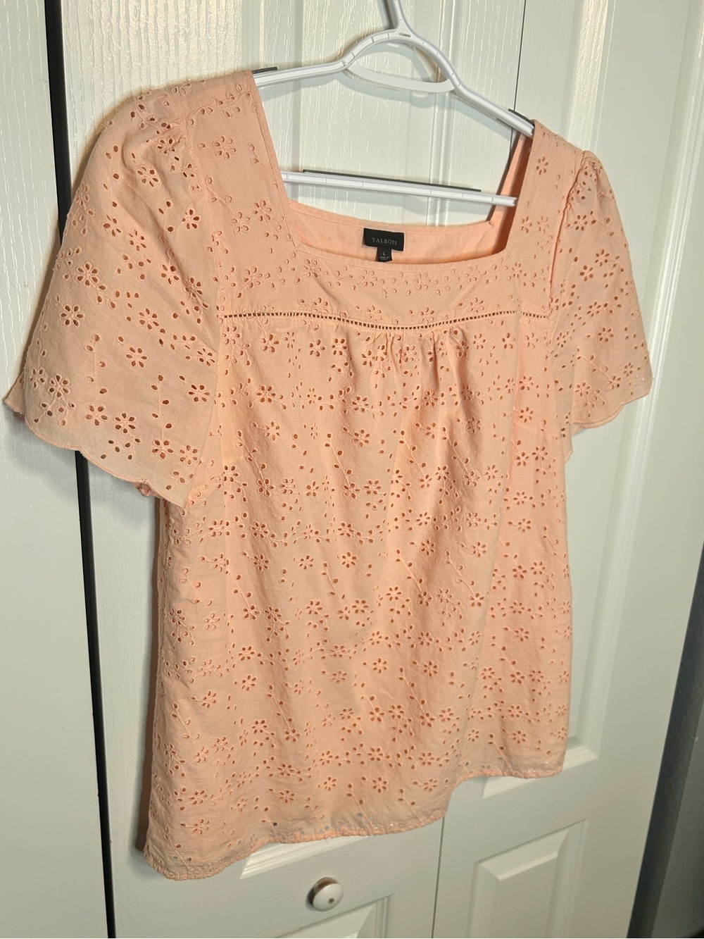 Talbots Women’s Large Pink Floral Eyelet Square-Neck Short Sleeve Cotton Blouse